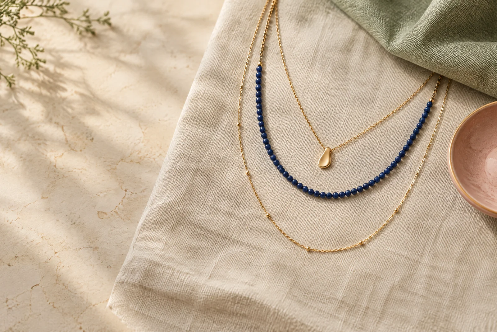 Three conceptual gold-tone and ink-blue necklaces arranged in separate arcs on cream linen beside a sage cloth and blush ceramic dish.