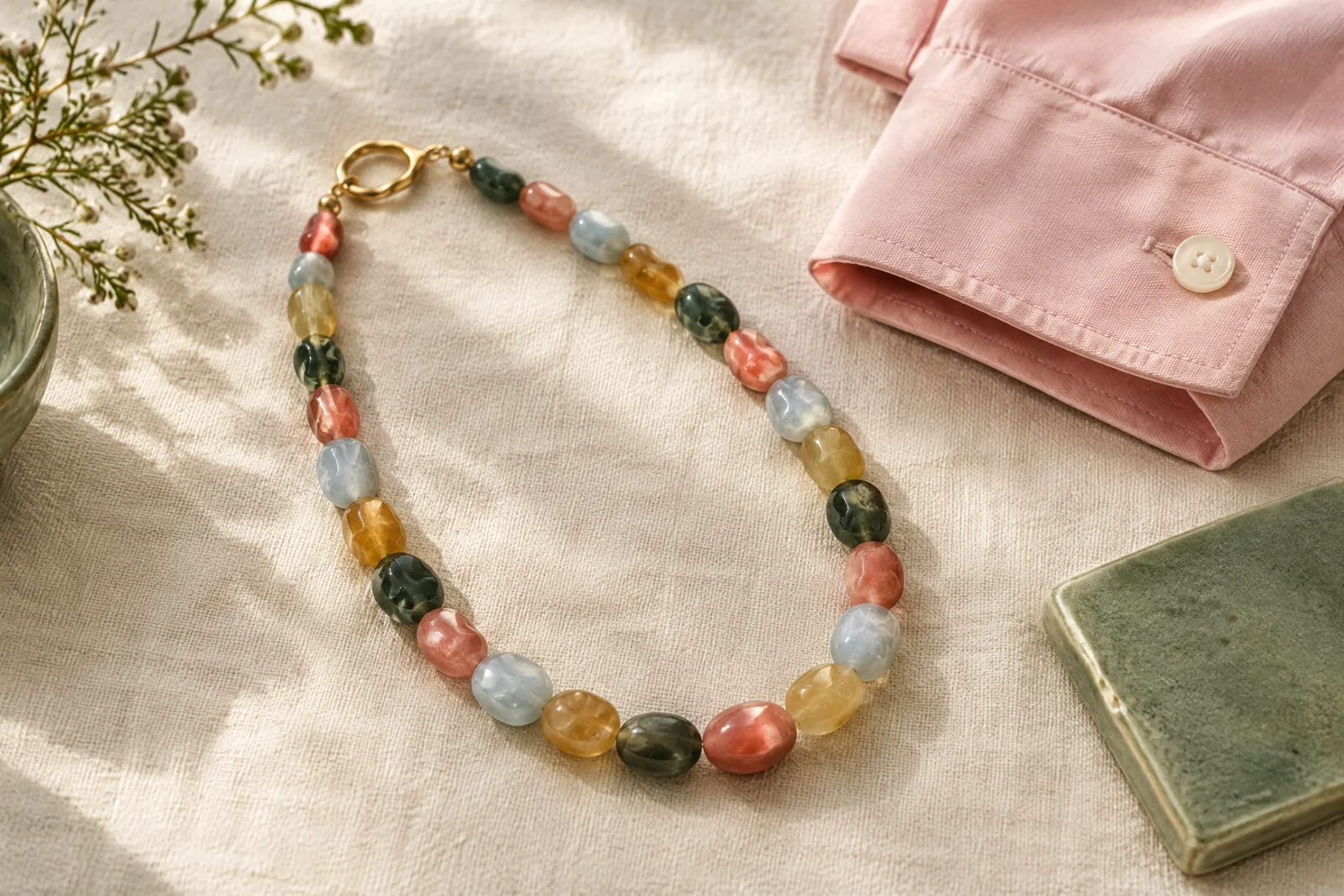 Conceptual colorful beaded necklace on ivory linen beside blush fabric and sage ceramic