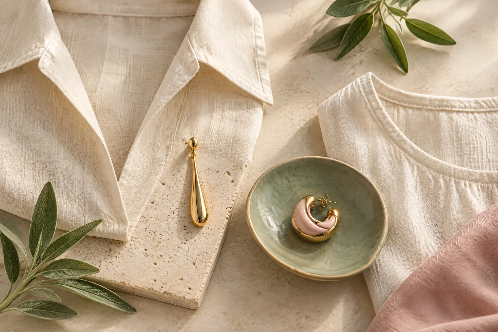 Gold drop earrings and a blush-pink hoop beside cream linen necklines on pale stone, with sage greenery.