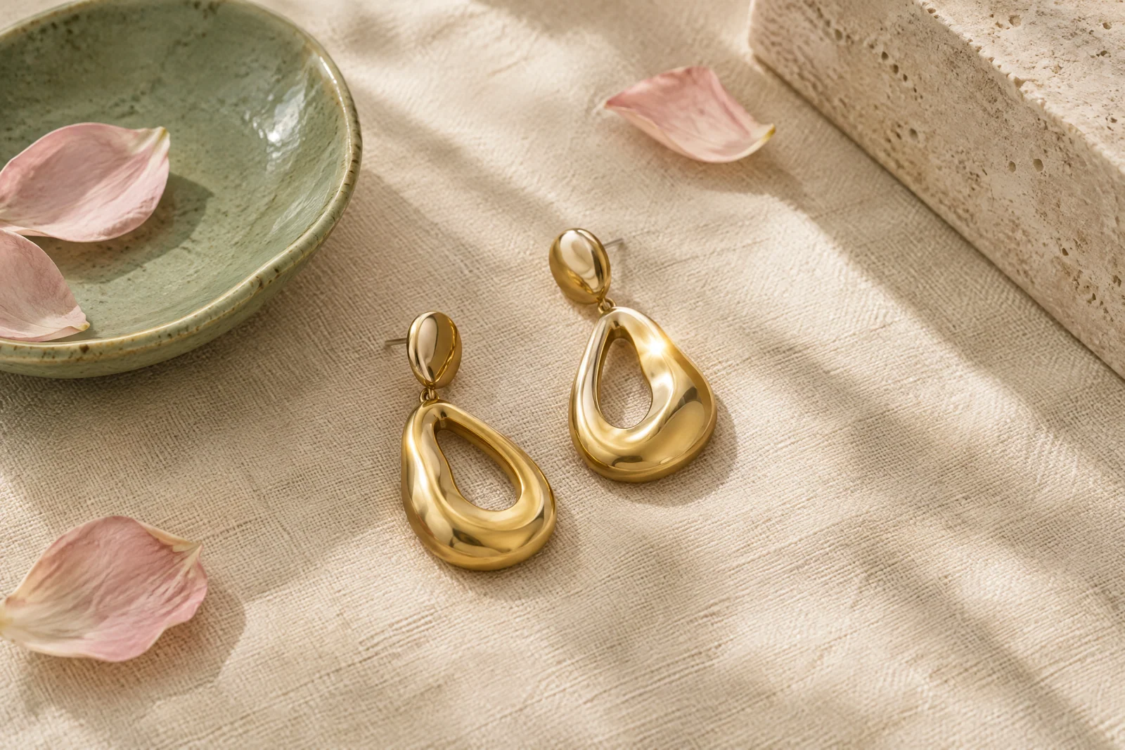Conceptual statement earrings styled on warm linen beside a sage ceramic dish and soft blush petals.