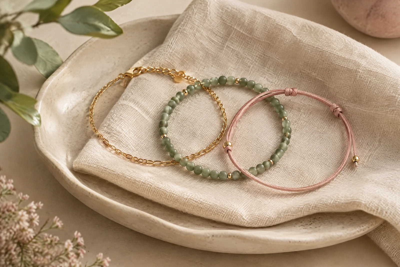 A gold-tone chain, sage bead strand, and blush cord bracelet arranged on cream linen.
