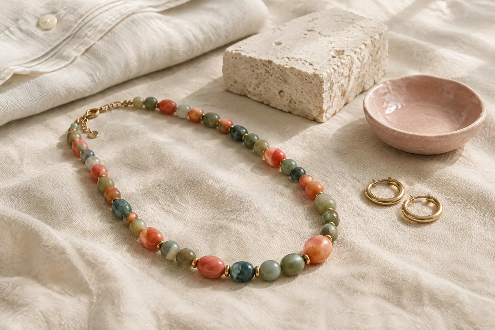 Colorful coral, sage, and teal beads with gold-tone hoops arranged on cream linen beside a blush ceramic dish and pale stone.