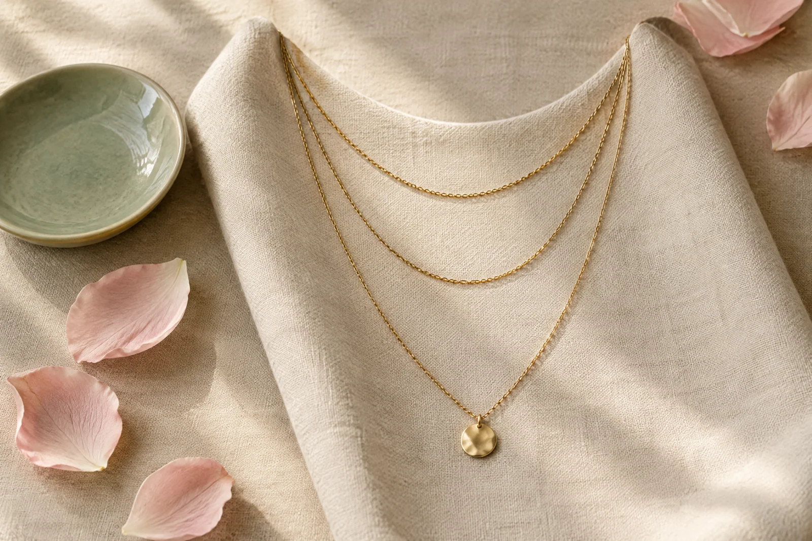 Gold-tone chains in several lengths draped over cream linen beside a sage dish and blush petals.