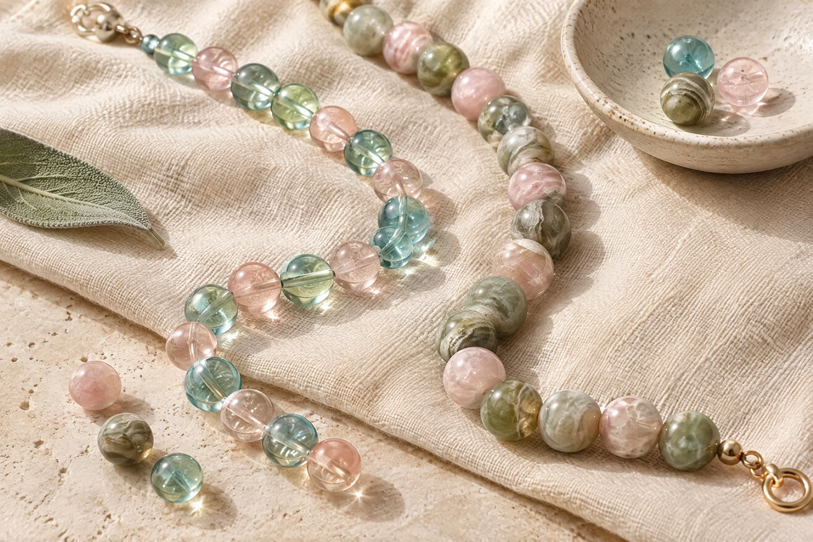 Translucent aqua and blush glass beads beside softly banded sage and pink gemstone beads on cream linen.