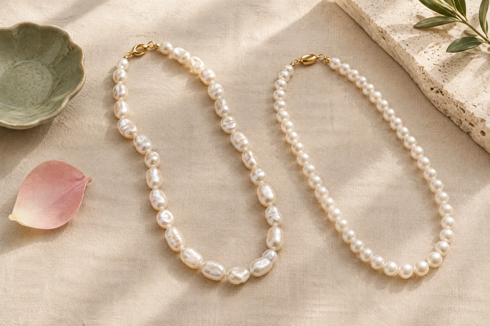 Conceptual still life of irregular ivory freshwater pearls beside a smooth, uniform faux-pearl strand on cream linen with sage ceramic and blush accents.