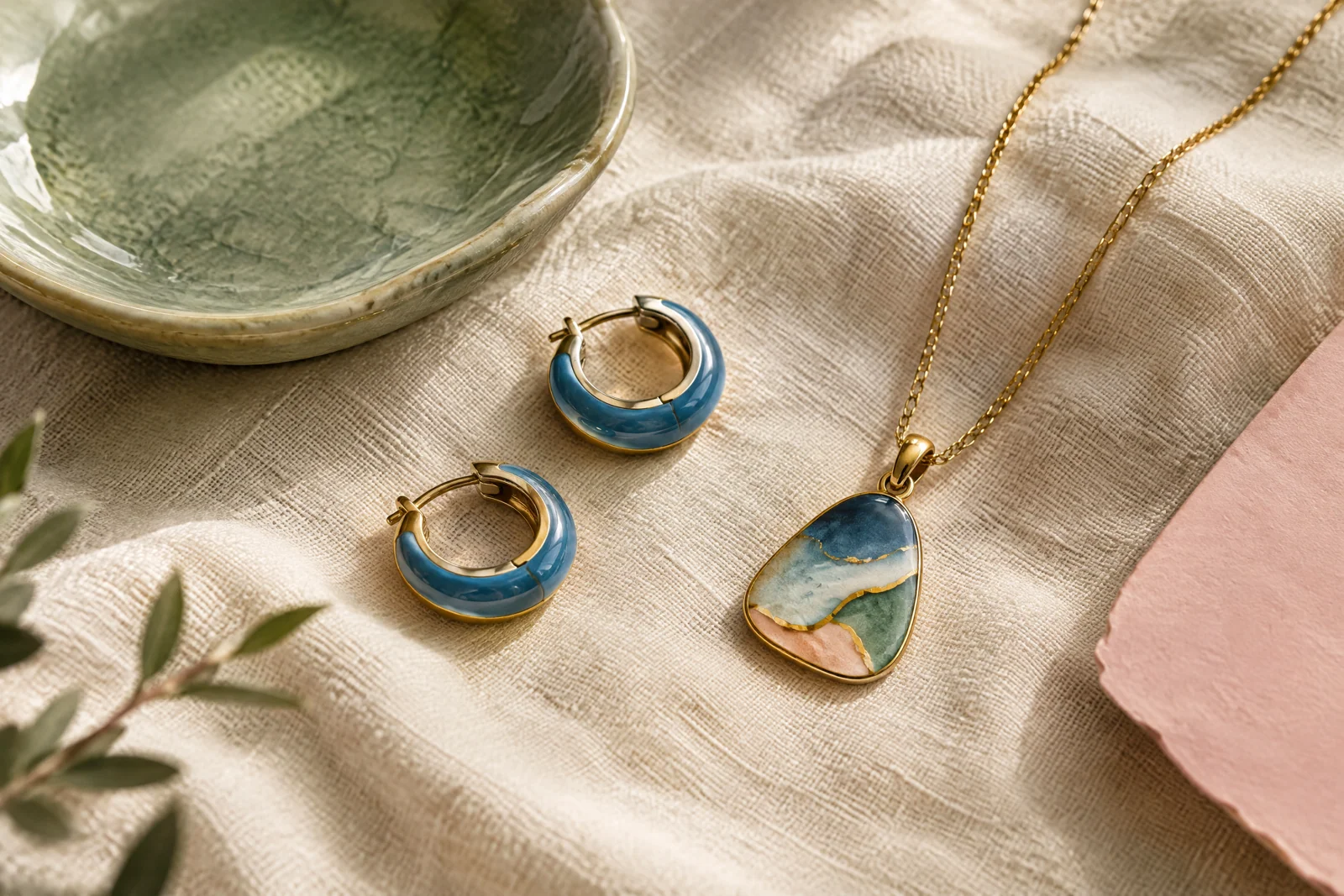 Conceptual blue enamel-style hoops and pendant on cream linen beside a sage ceramic dish and blush accent.