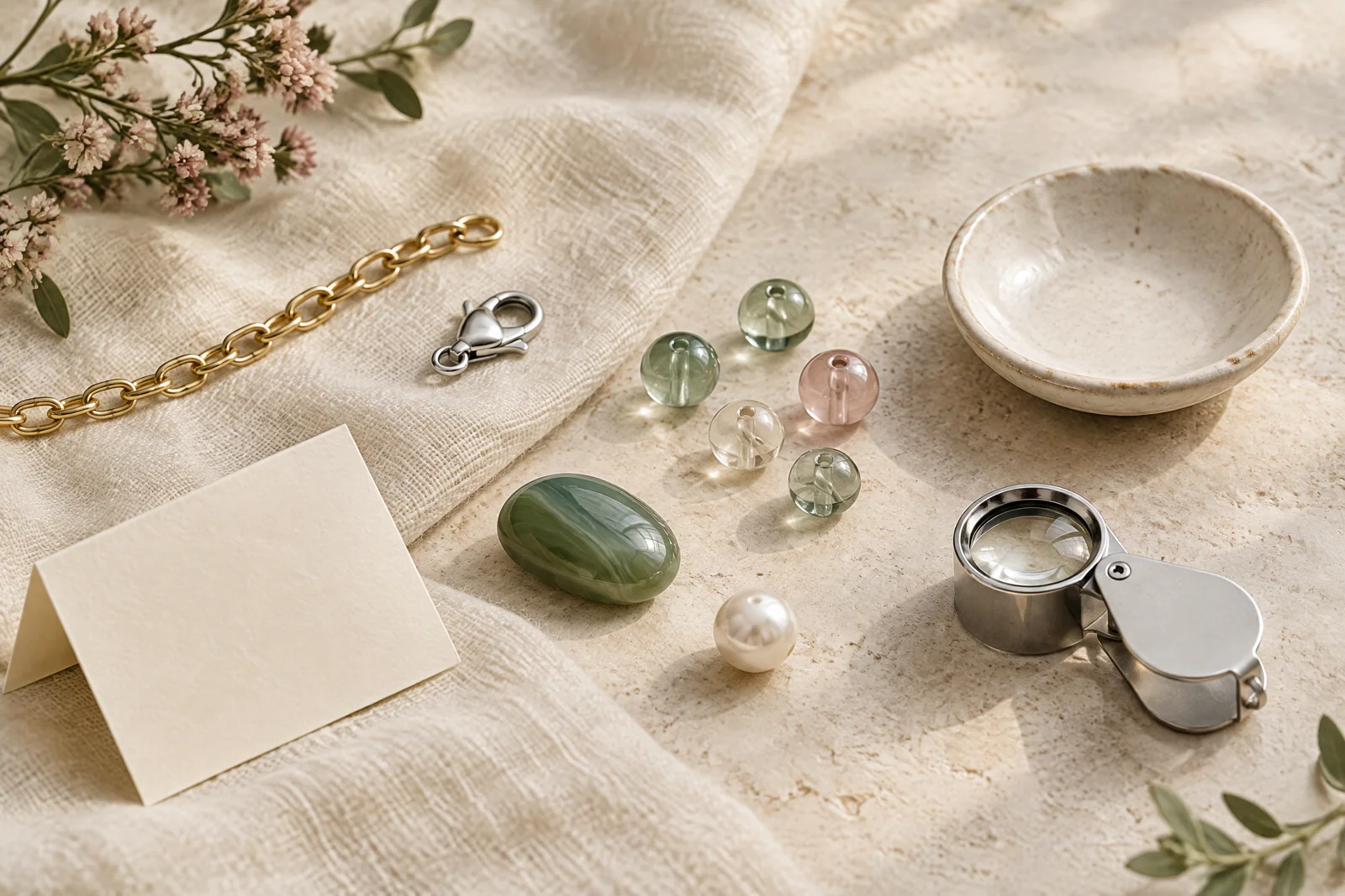 Conceptual jewelry materials arranged on cream linen and pale stone, including gold-tone chain, beads, a green stone, and a loupe.