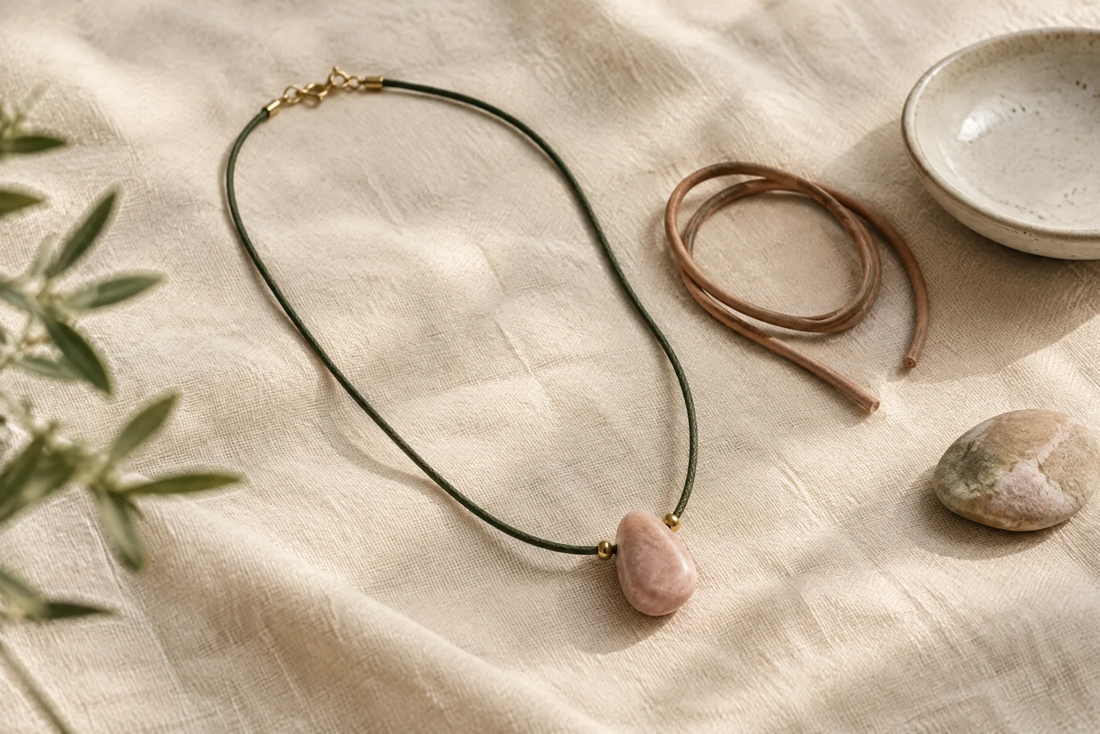 A sage cord necklace with a blush stone pendant resting on cream linen beside a coiled leather cord.