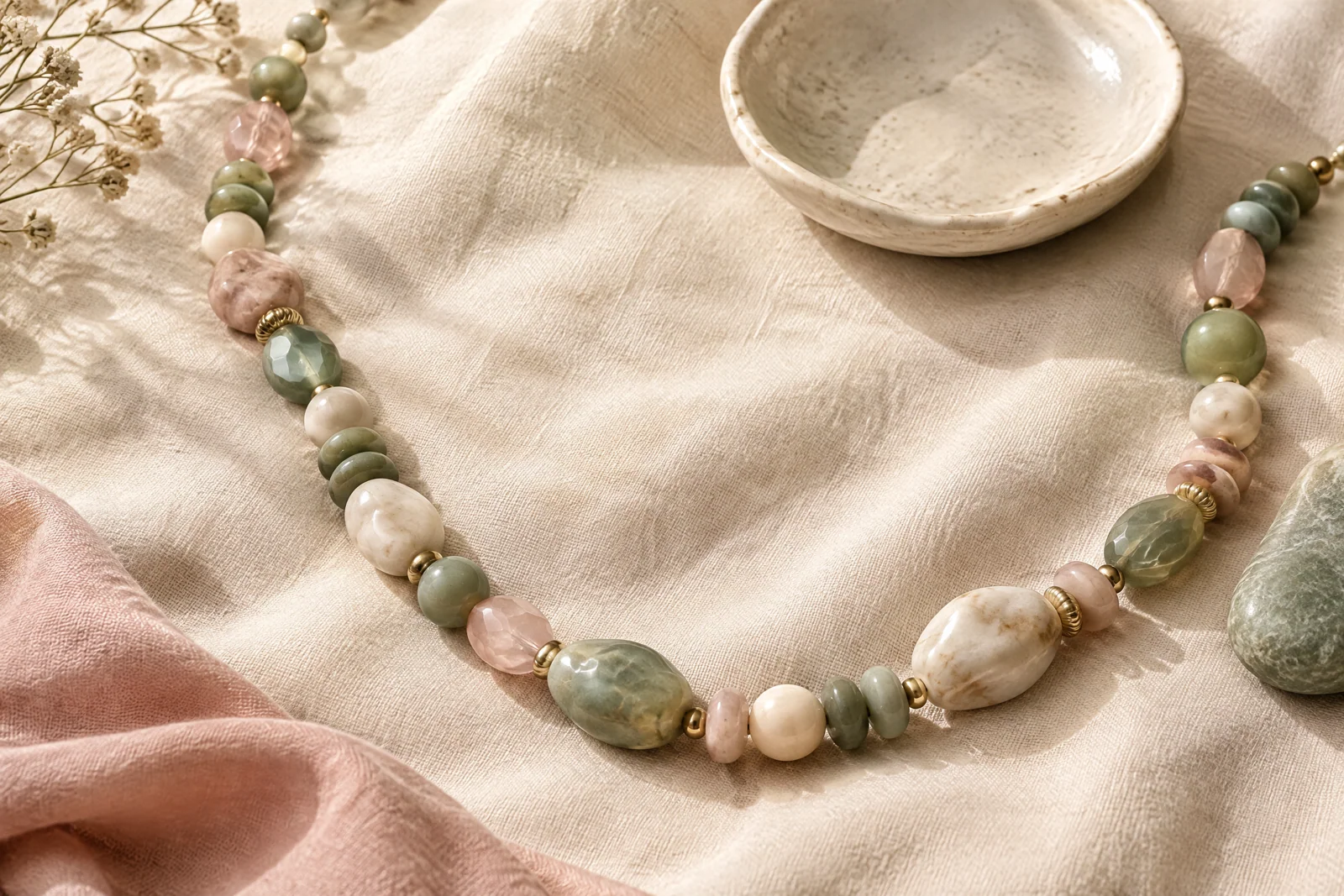 A conceptual beaded necklace with round, faceted, oval, and irregular beads arranged on cream linen beside sage stone and a ceramic dish.