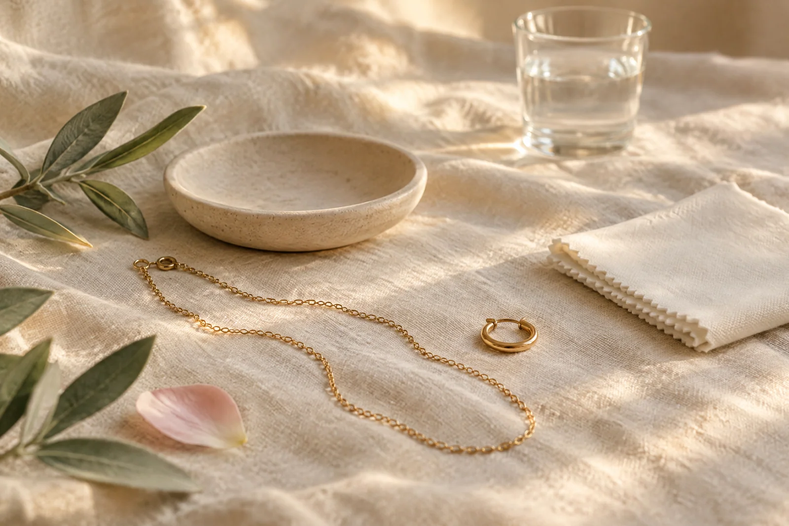 A delicate gold-tone chain and hoop beside a soft polishing cloth, ceramic dish, and water on cream linen.