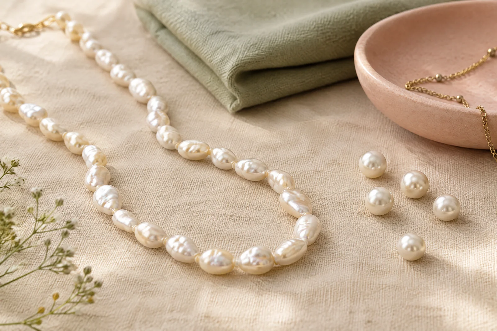 An irregular pearl strand and loose round pearls on cream linen beside a folded sage cloth and blush ceramic dish.