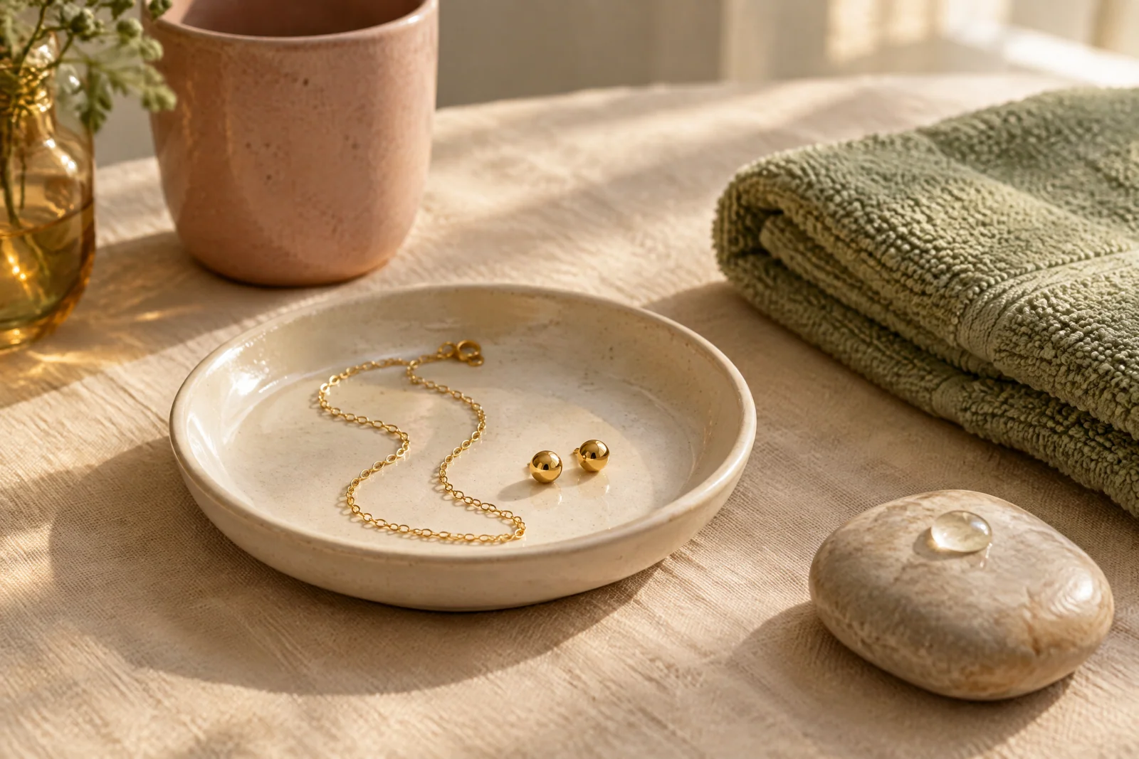 A gold-tone necklace and stud earrings rest in an ivory ceramic dish beside folded sage linen and a water droplet on stone.
