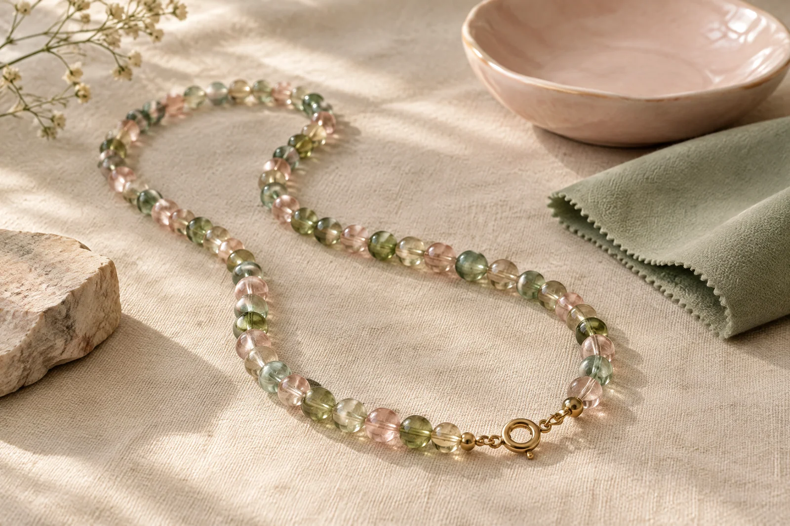 Glass-bead necklace with a gold-tone clasp resting on cream linen beside a sage cloth and blush ceramic dish.