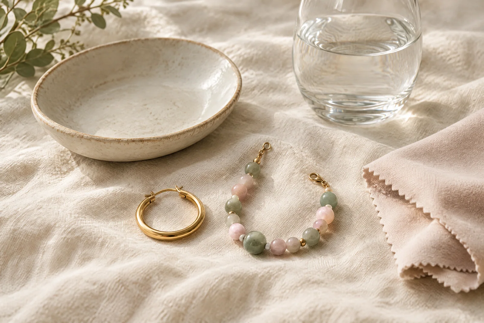 A gold-tone hoop and sage-and-blush beaded jewelry rest on cream linen beside a ceramic dish, water glass, and soft polishing cloth.