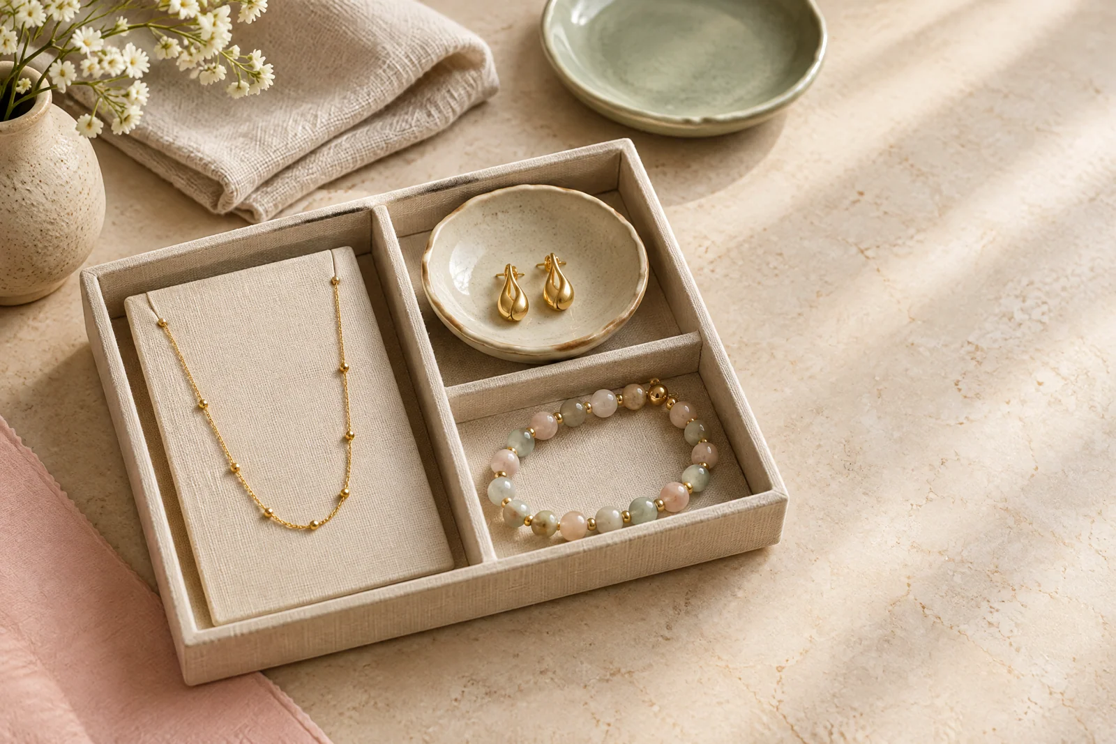 Small gold-tone chains, earrings, and beads arranged in separate compartments on cream linen beside a sage ceramic dish.