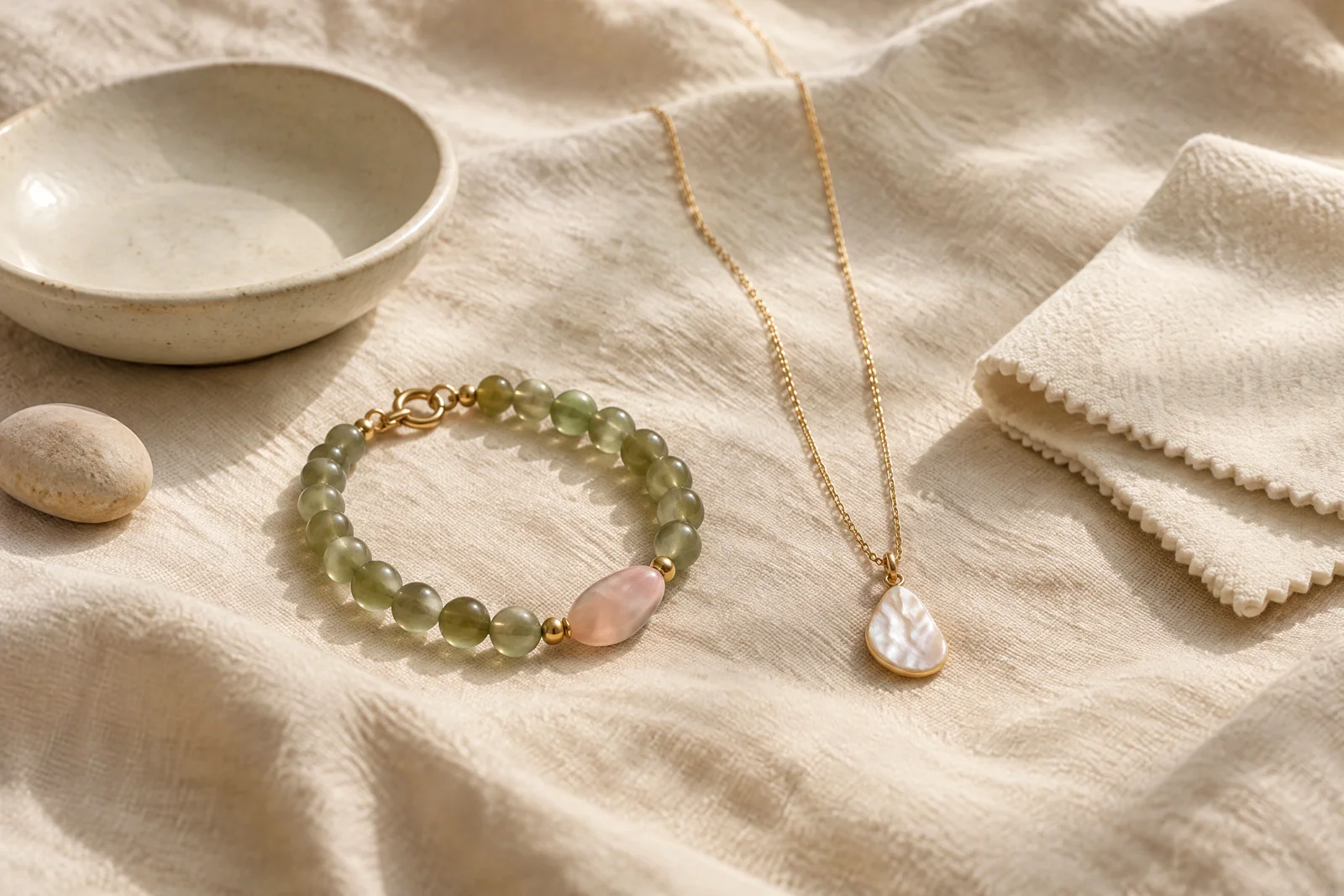 Sage-bead and shell-accent jewelry with a soft care cloth arranged on warm cream linen.