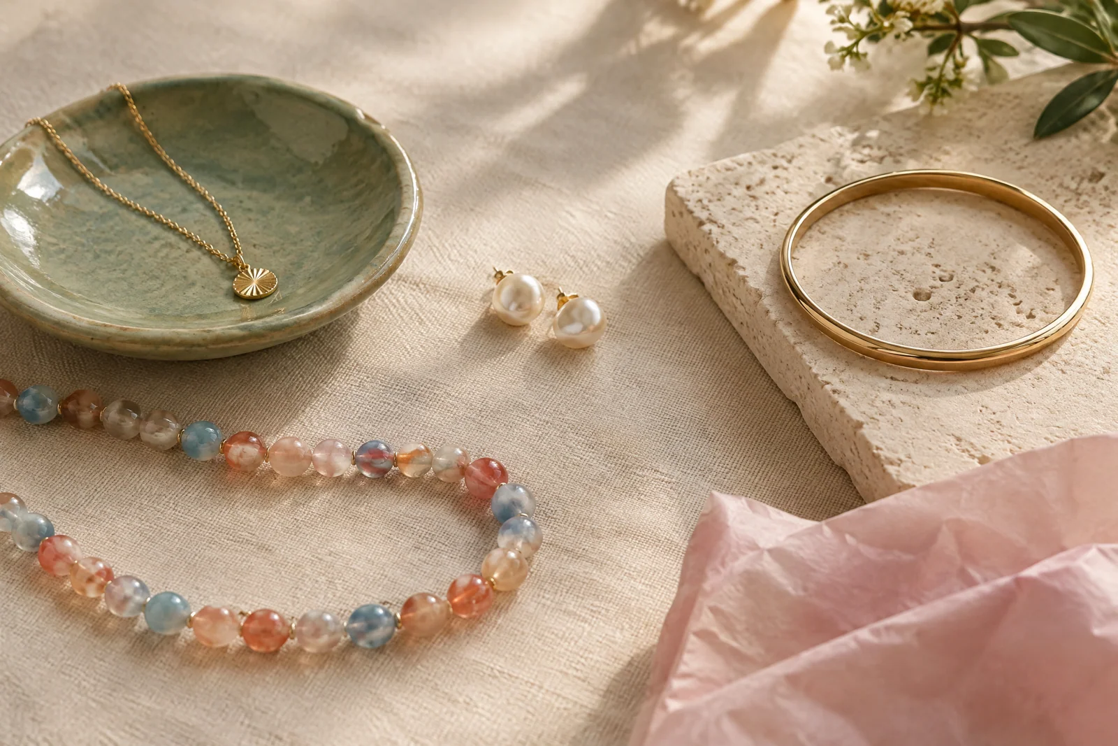 A delicate gold-tone charm necklace, colorful beaded strand, pearl-like earrings, and bangle arranged on cream linen beside a sage dish and blush paper.