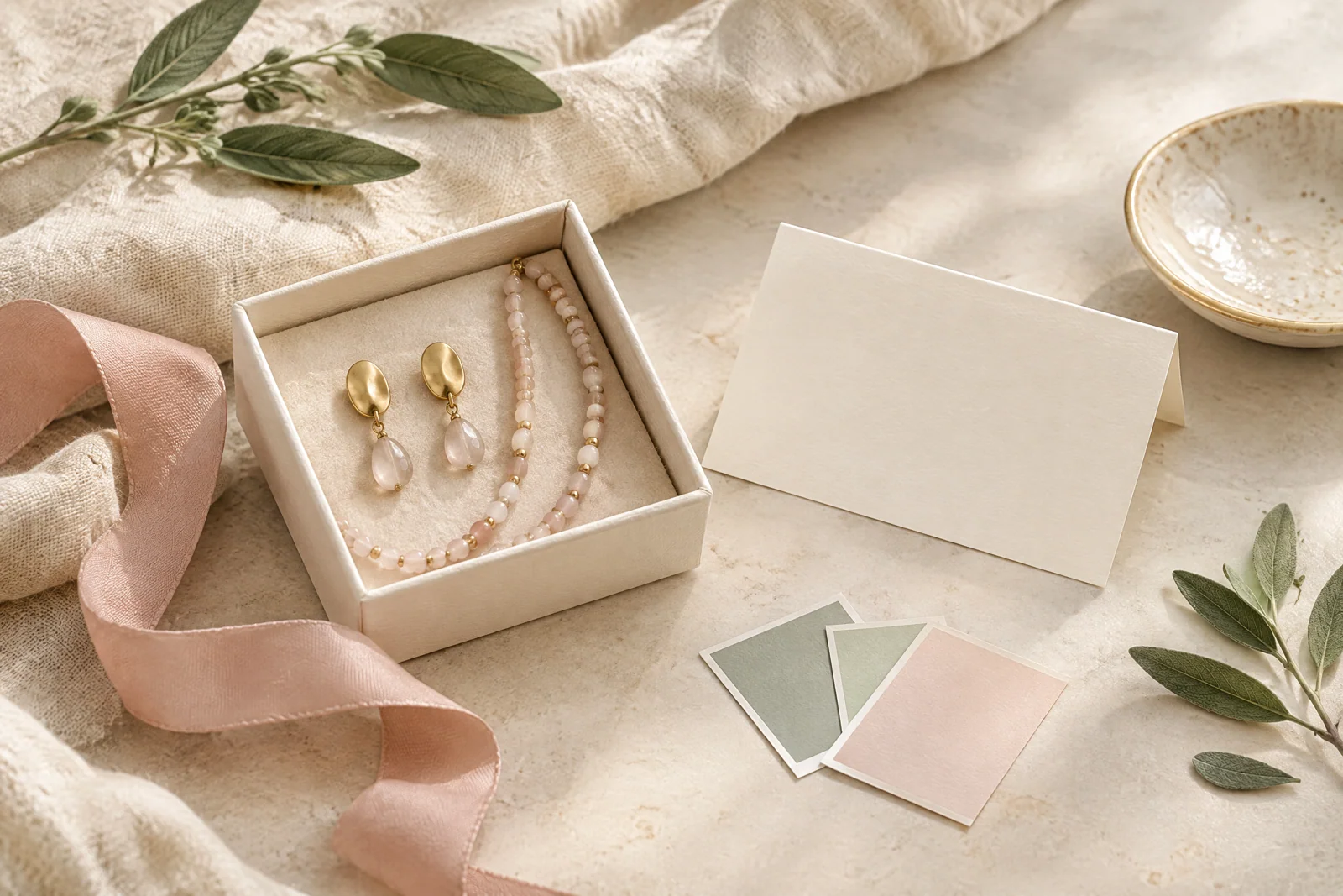 A cream jewelry box with gold-tone earrings and a bead strand beside a blank note, blush ribbon, and sage and pink color swatches.