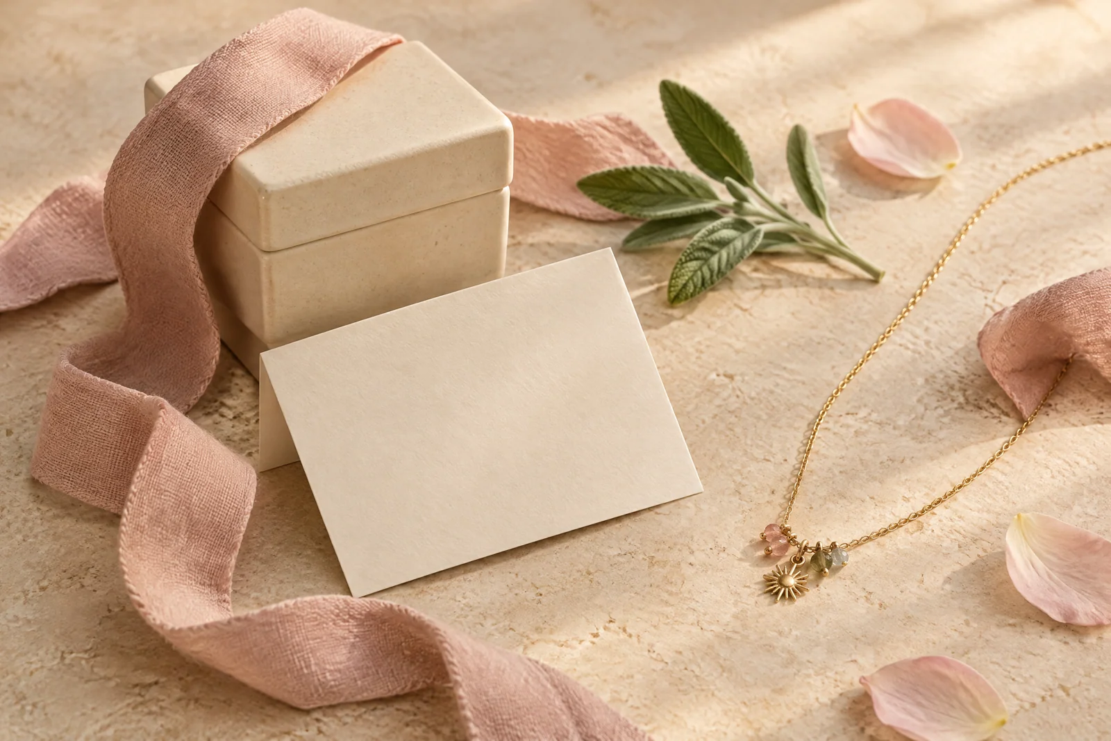 A sunburst charm necklace beside a cream gift box and blank card on limestone, with blush linen and sage leaves.