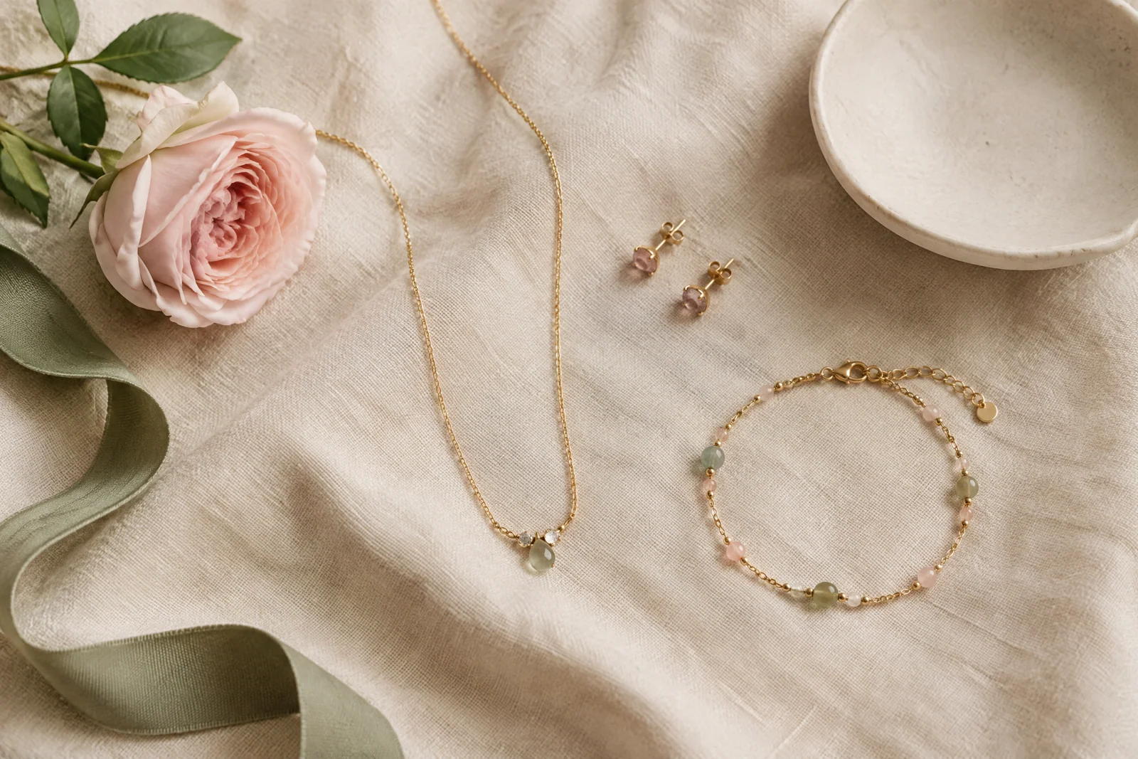 A delicate gold-toned necklace, blush-accented earrings, and a slim beaded bracelet arranged on cream linen beside a blush rose and sage ribbon.