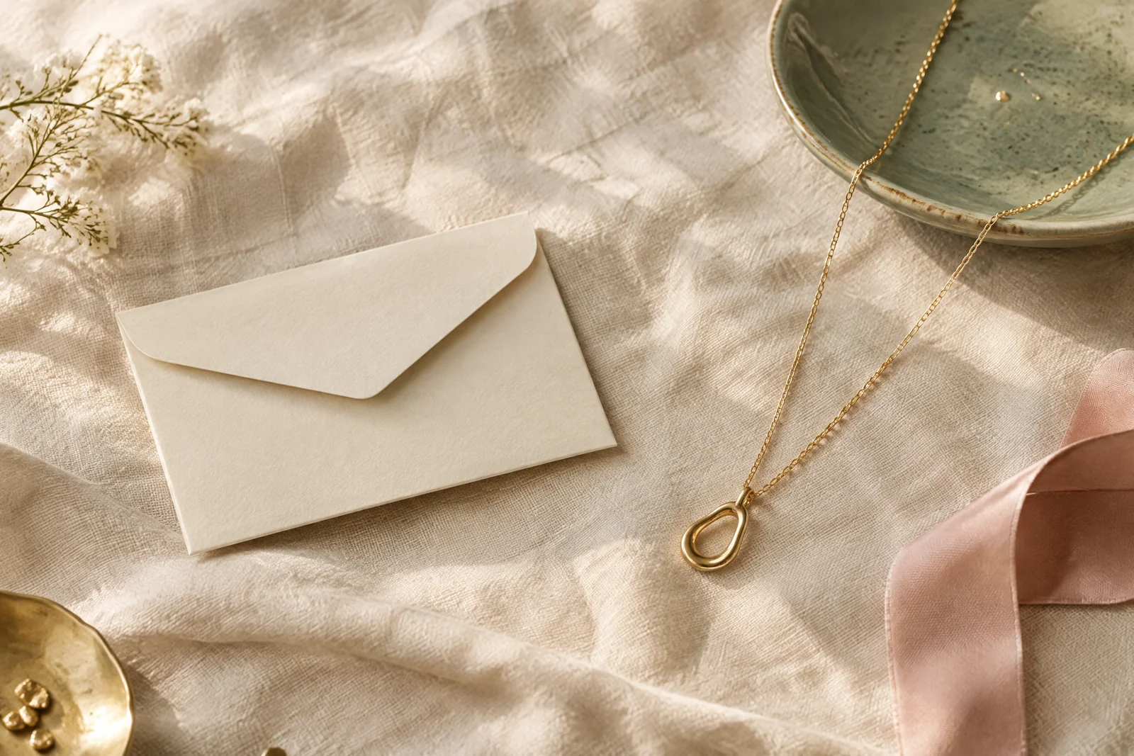 Cream gift envelope beside a simple gold necklace on linen, with a sage ceramic dish and blush ribbon.