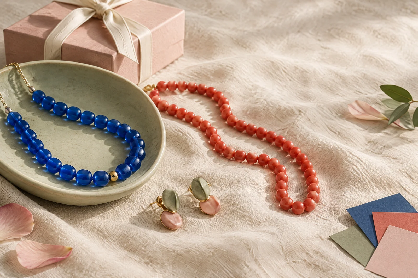 Conceptual blue and coral bead strands and sage-and-blush earrings arranged on cream linen beside a sage ceramic dish and blush gift box.