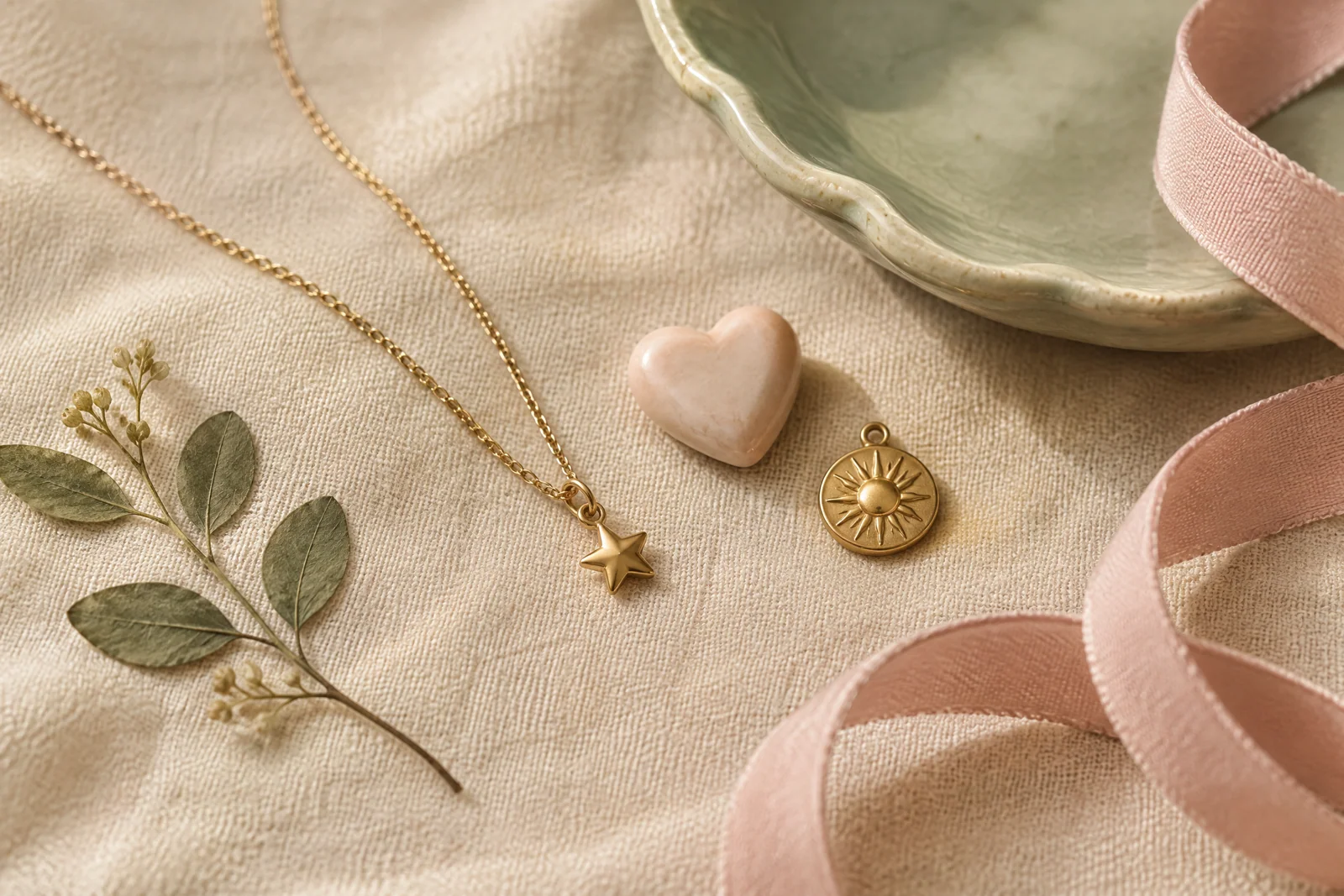 A tiny gold star charm and a sun medallion on cream linen beside a pale sage ceramic dish and blush ribbon.