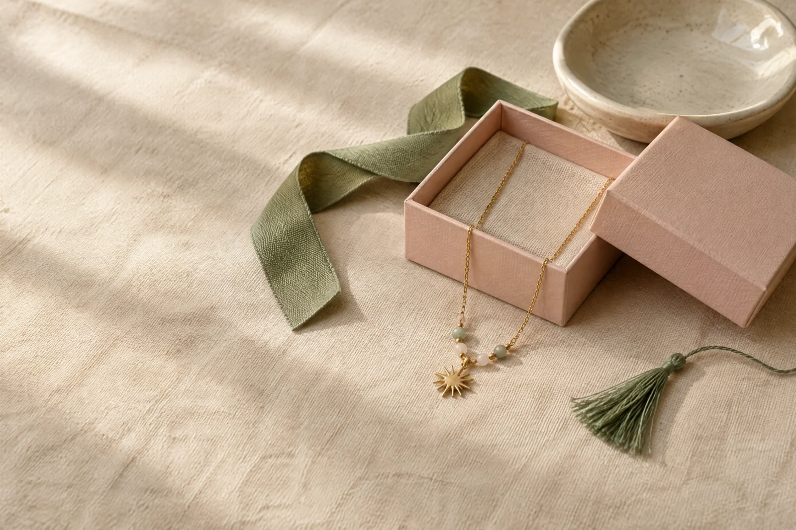 A delicate conceptual gold-tone necklace in a blush gift box on cream linen beside a sage tassel and ceramic dish.