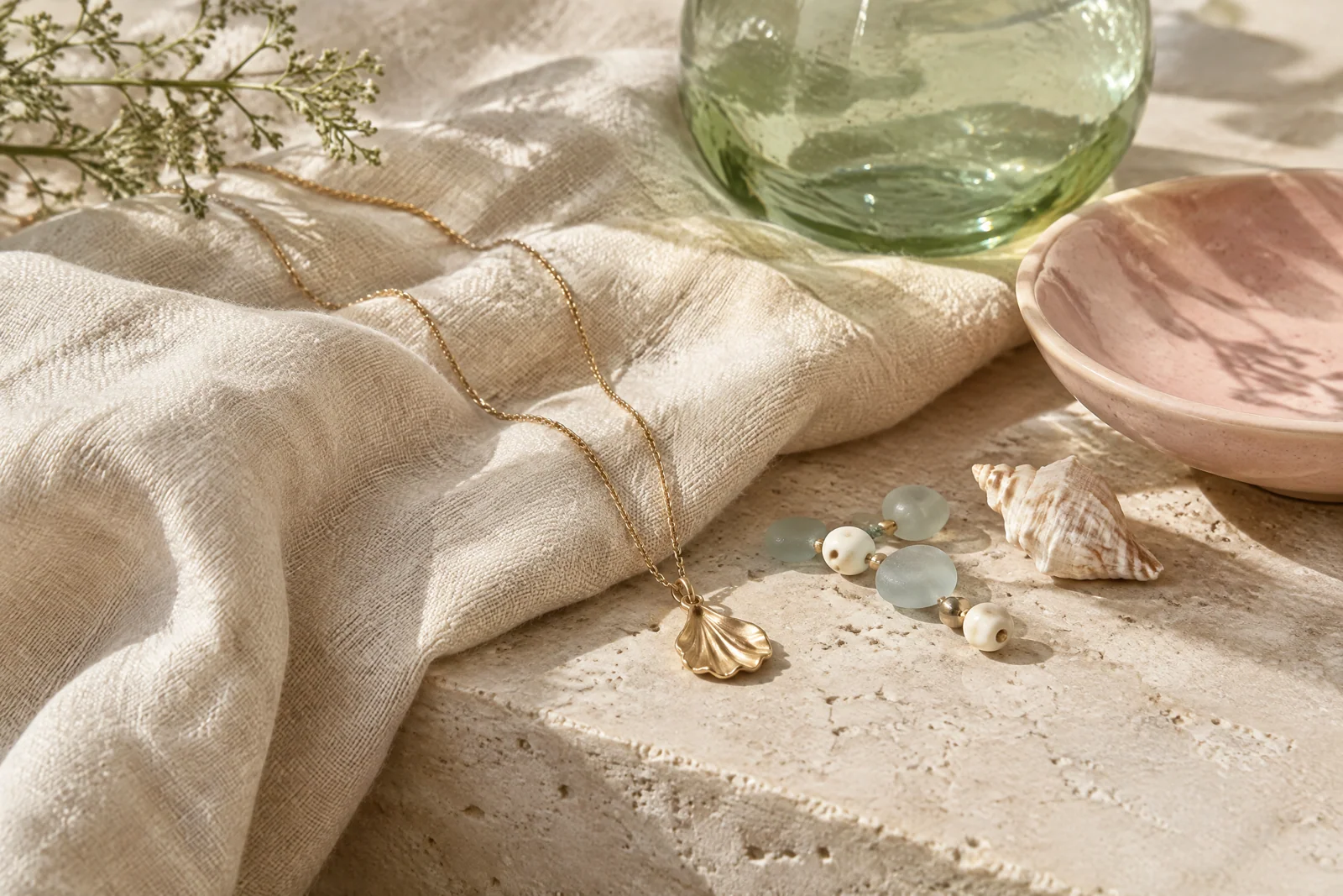 A gold shell pendant and sea-glass-colored beads on linen beside a shell and pale stone.