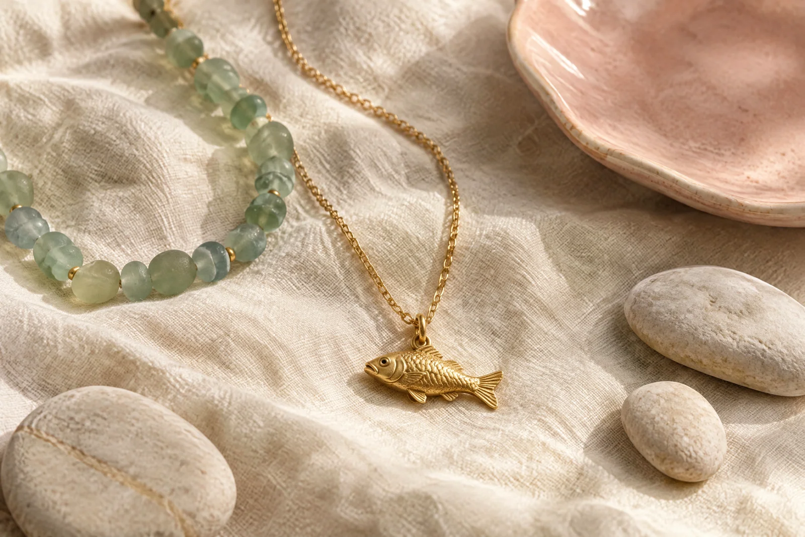 A gold fish pendant necklace arranged on cream linen beside sage-green beads, pale stones, and a blush ceramic dish.