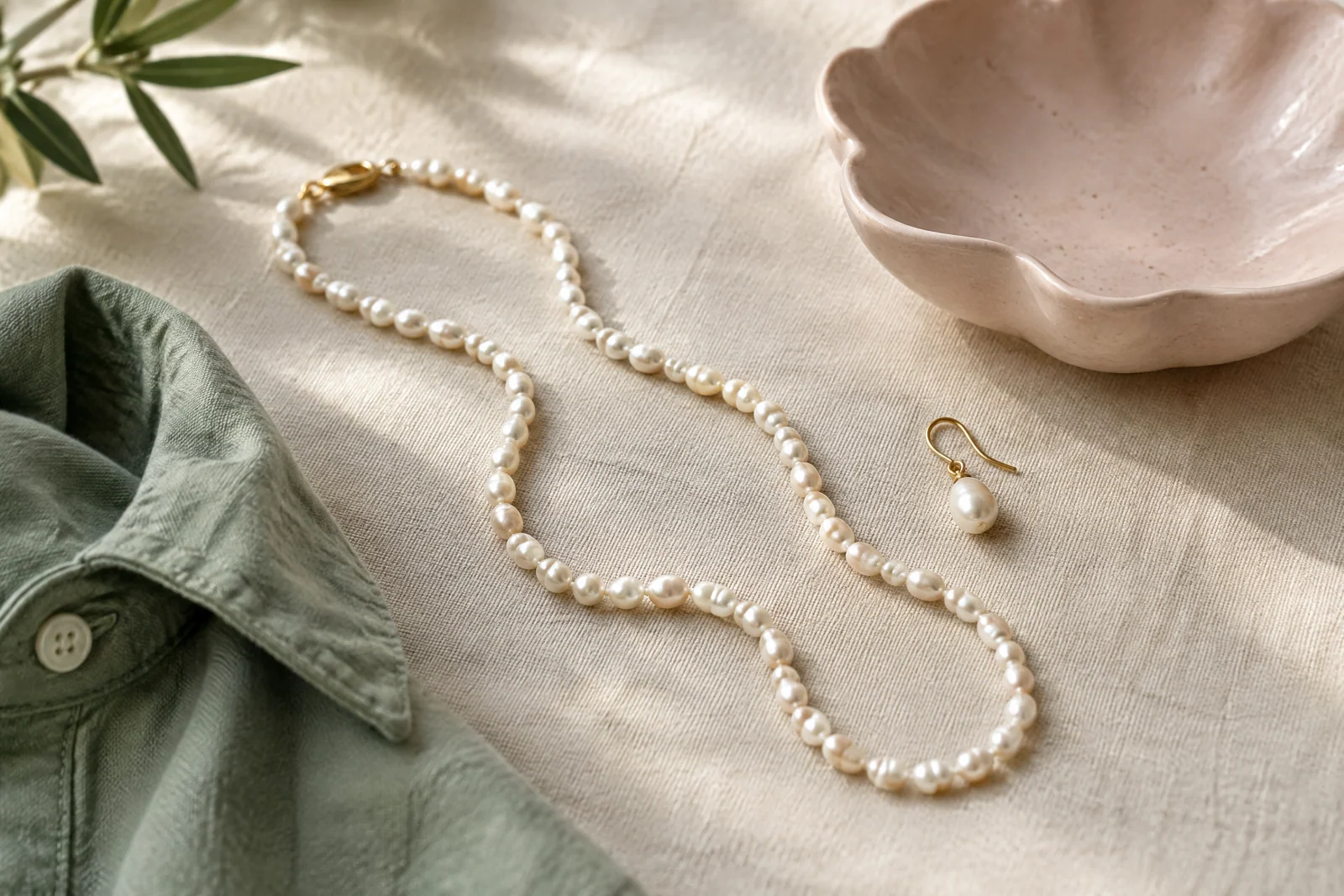A pearl strand and drop earring arranged on cream linen beside sage fabric and a blush ceramic dish.