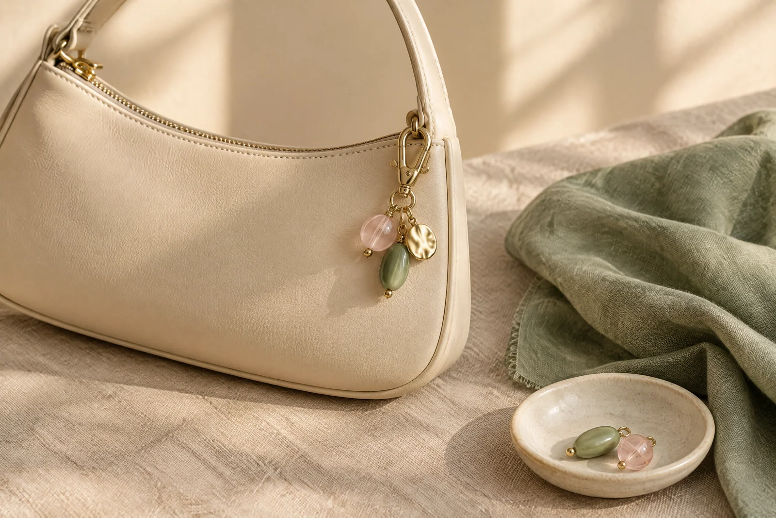 A cream handbag with a conceptual blush, sage and gold charm beside a sage scarf and ceramic dish.