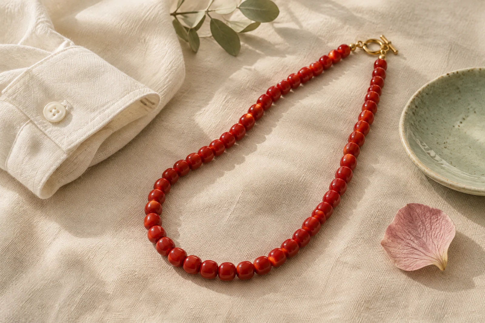 A red beaded necklace arranged on cream linen beside a sage ceramic dish and soft blush petal.