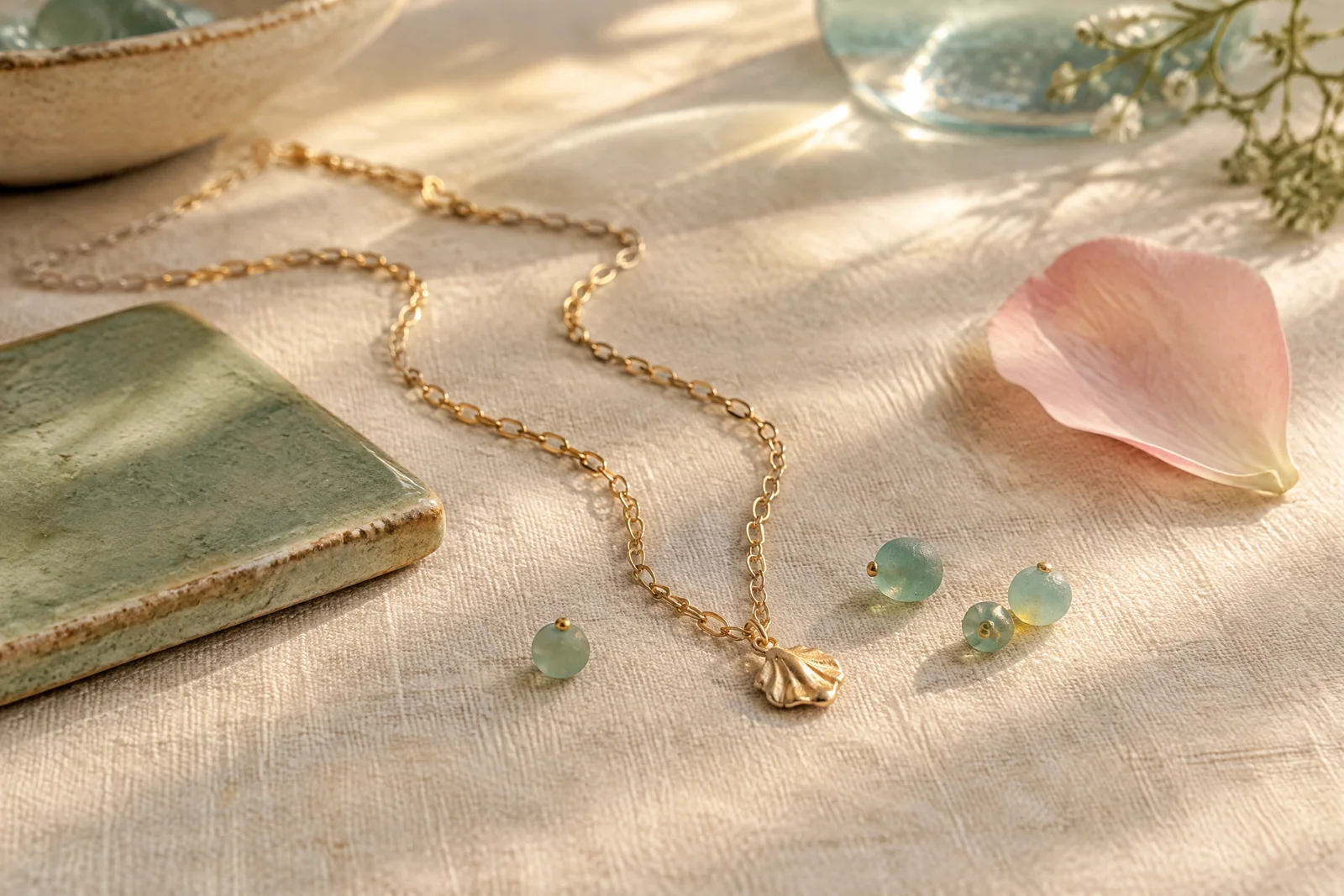 Gold-tone chain and sea-glass beads on cream linen beside a sage tile and blush petal.