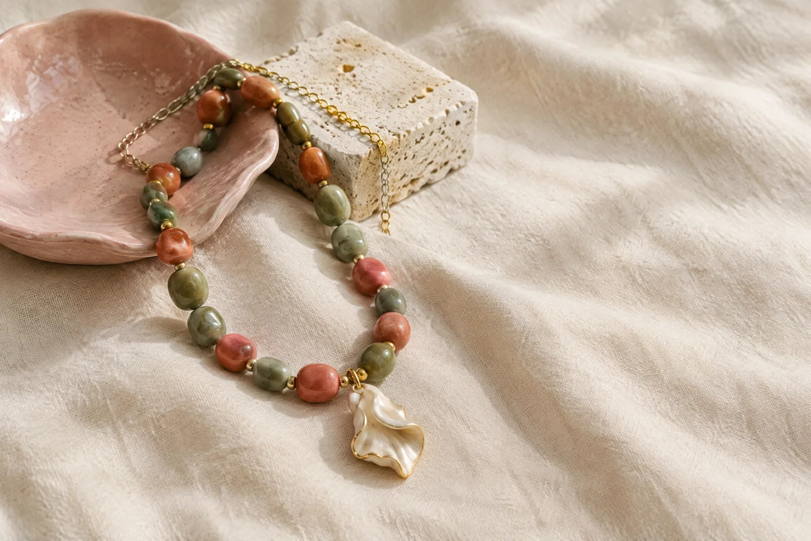 A conceptual coral-and-sage beaded necklace with a gold-tone chain and shell-like charm on cream linen beside a blush ceramic dish and pale stone.