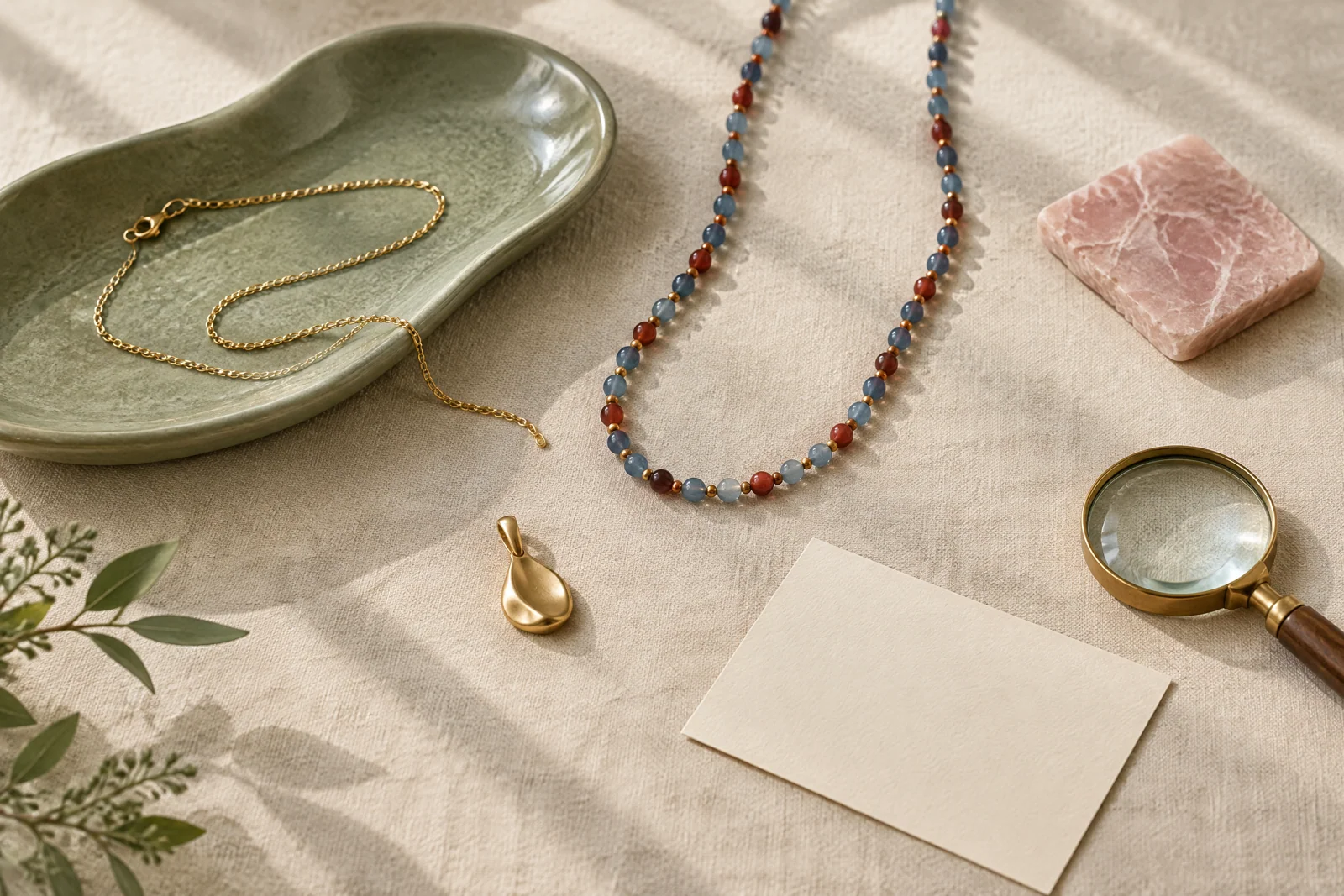 Conceptual jewelry pieces, a blank note, and a magnifying glass arranged on cream linen with sage and blush accents.