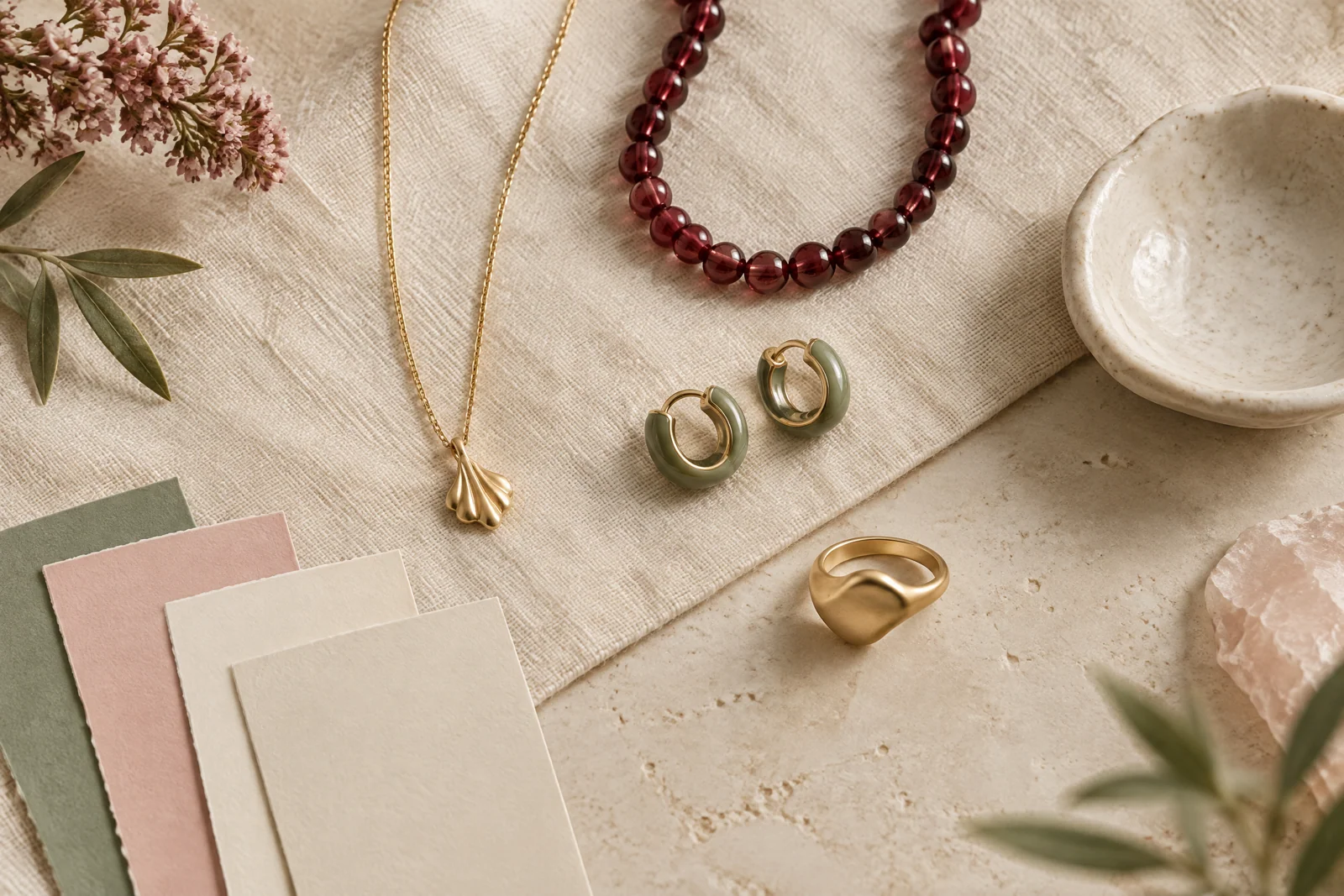 Conceptual jewelry assortment with a shell-like gold pendant, berry beads, sage hoops, and neutral color swatches on cream linen.