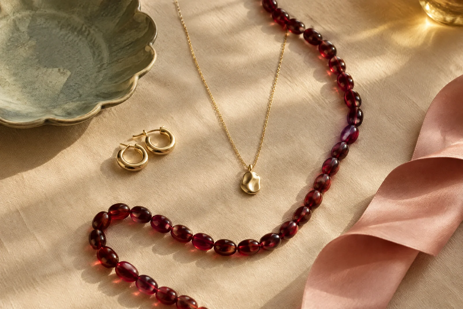 Gold-tone hoops and a simple pendant beside a red bead strand on cream linen with a sage ceramic dish and blush ribbon.