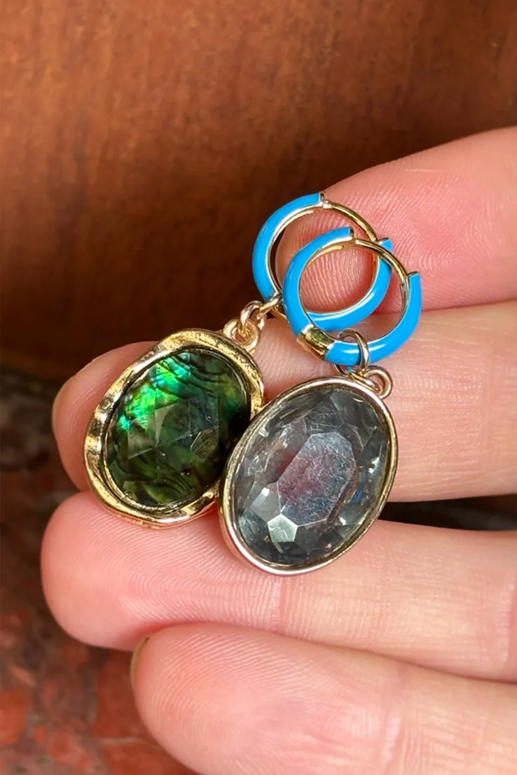 Pl X Ri - Blue Enamel & Green Gems — Gold hoop earrings product view 2