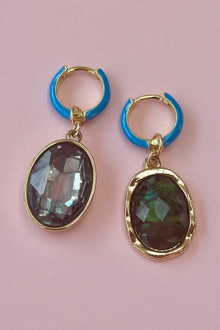 Pl X Ri - Blue Enamel & Green Gems — Gold hoop earrings product view 1