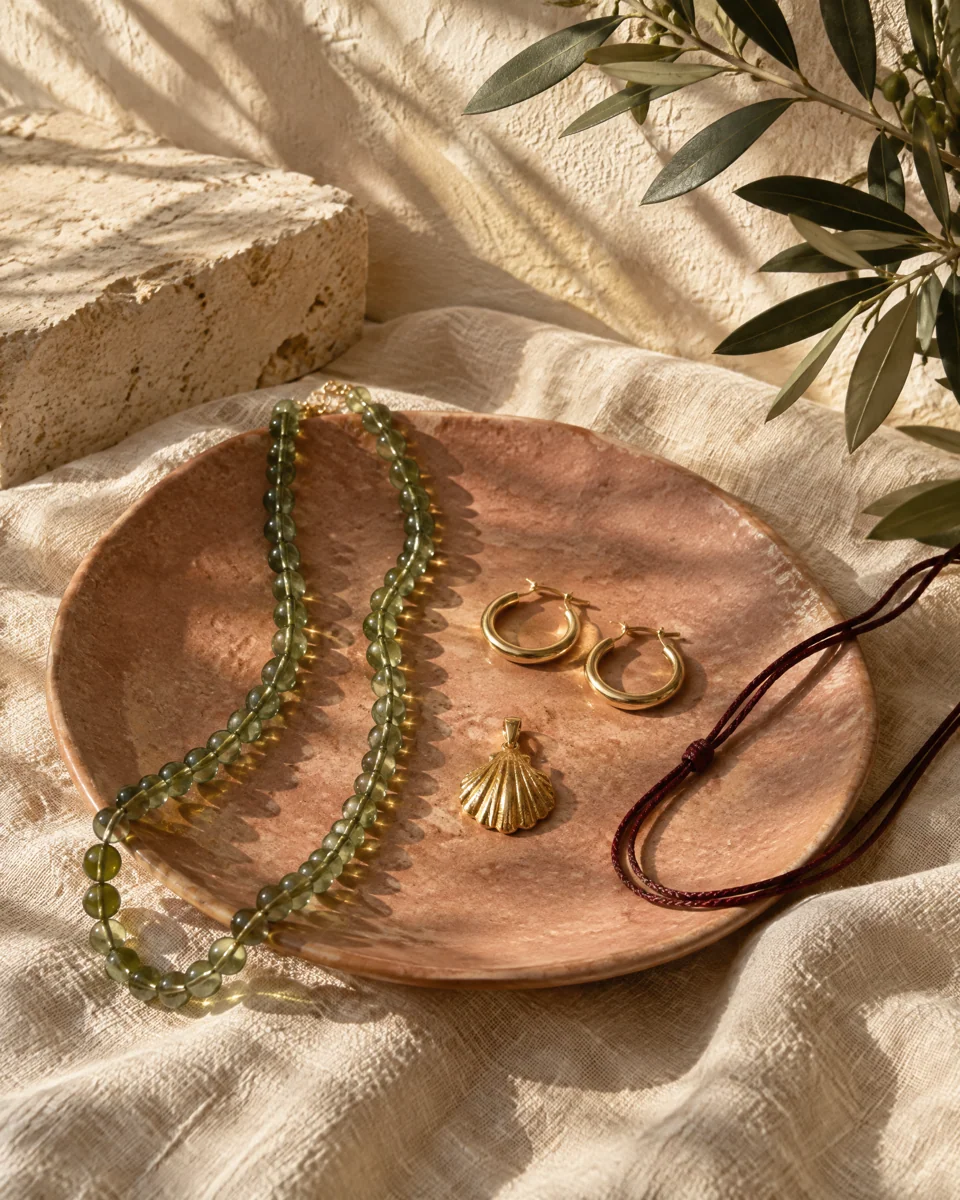 Conceptual arrangement of sage beads, gold-tone jewelry and blush ceramics